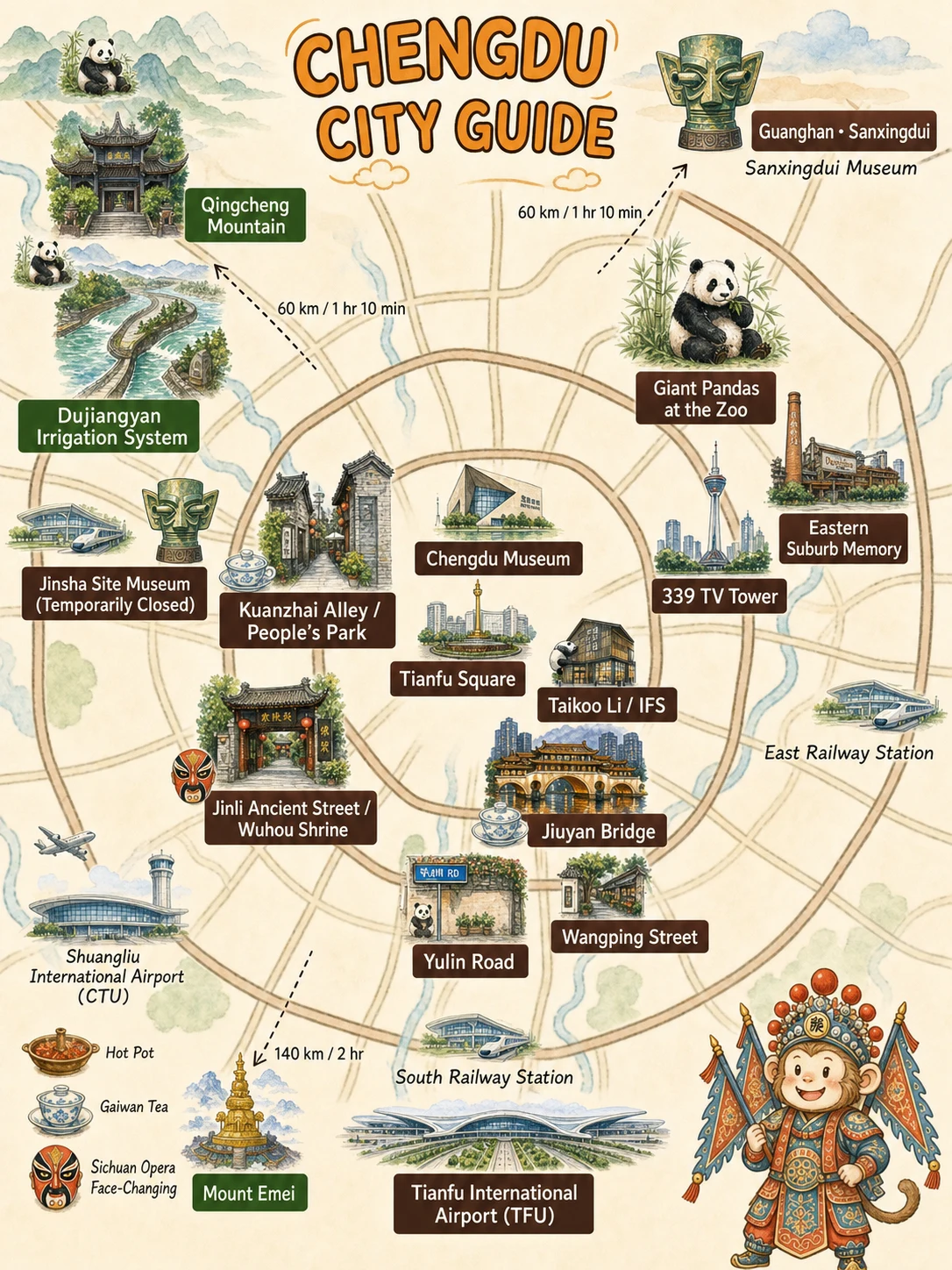 English hand-drawn Chengdu city guide map showing the Panda Base, Sanxingdui, Dujiangyan, Qingcheng Mountain, museums, historic neighbourhoods, airports and railway stations