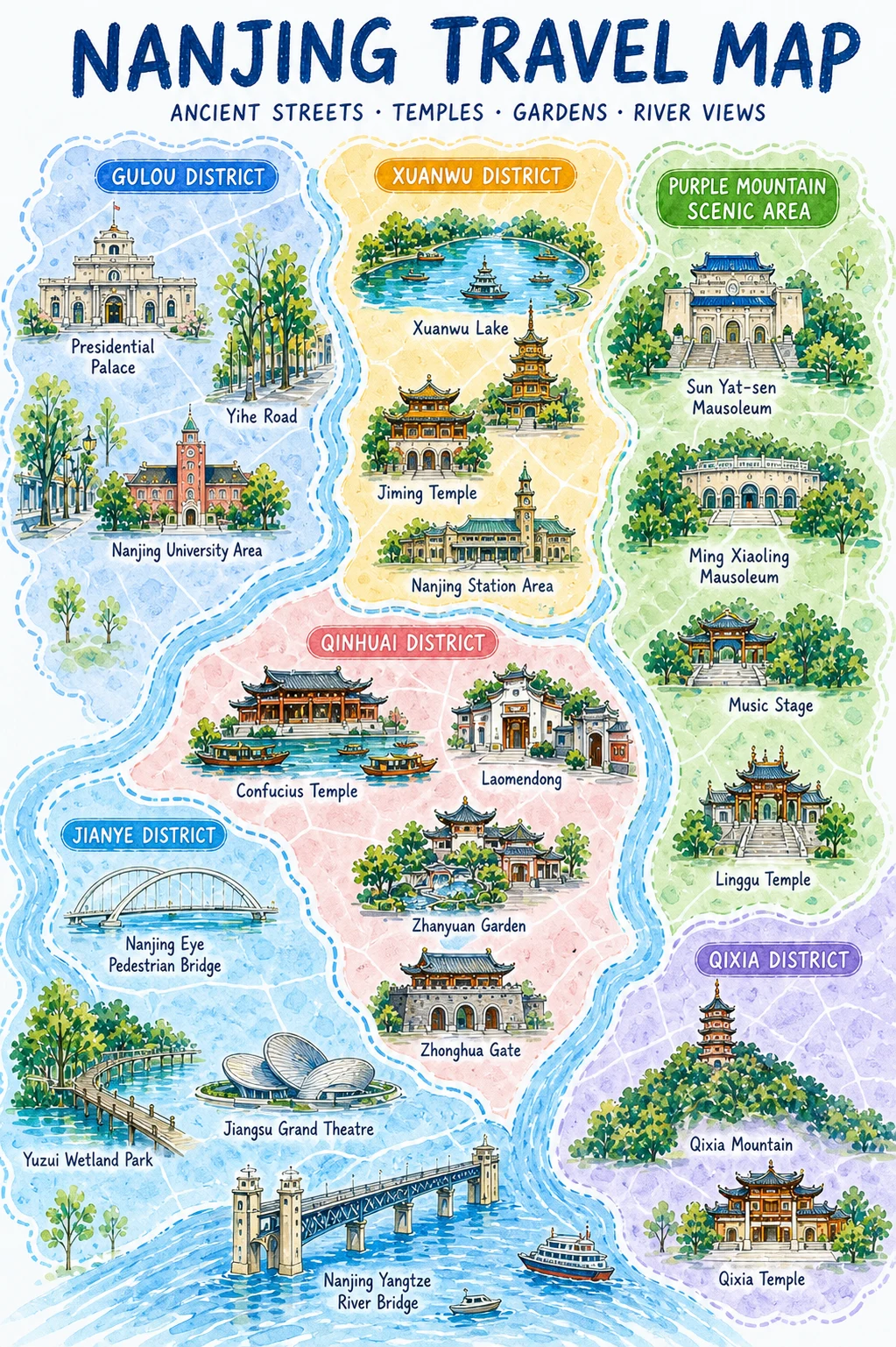 English illustrated Nanjing travel map showing Zhongshan Mountain, Nanjing Museum, Confucius Temple, Xuanwu Lake, Presidential Palace, city gates and river views