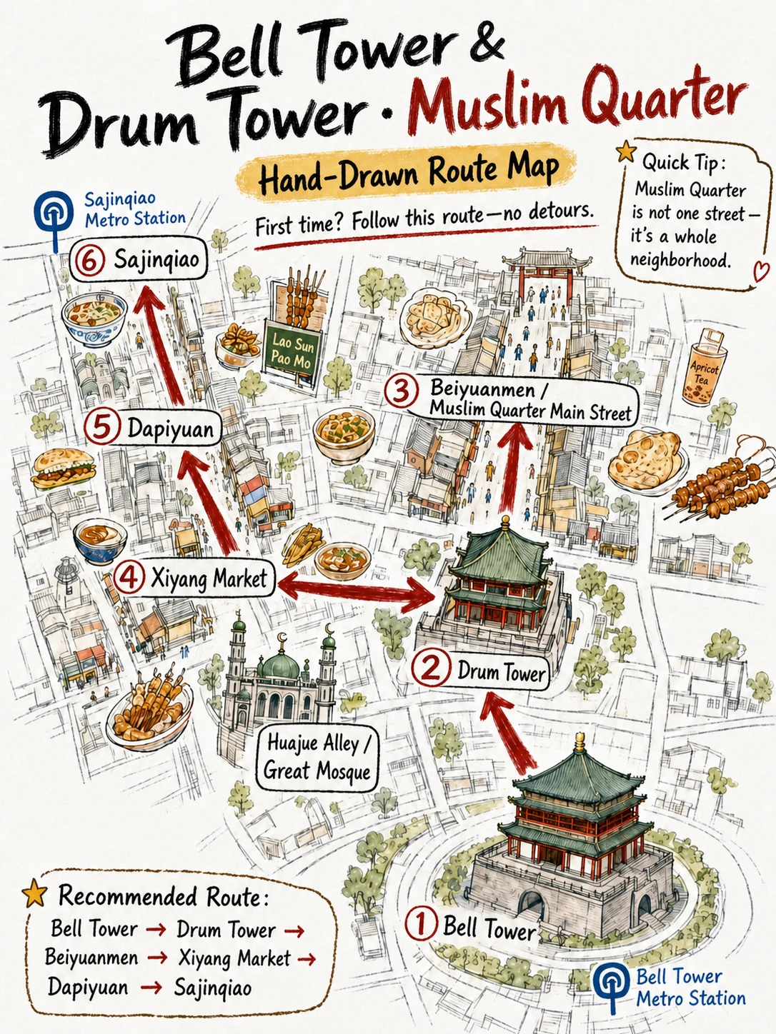 English hand-drawn route map from Xi'an Bell Tower through the Muslim Quarter to Sajinqiao