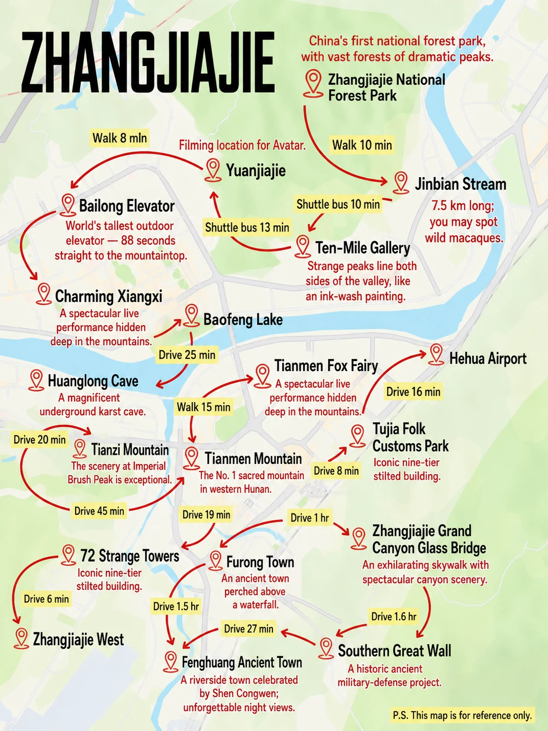 English Zhangjiajie route map showing the National Forest Park, Yuanjiajie, Tianzi Mountain, Tianmen Mountain, Grand Canyon, caves, lakes and regional transport