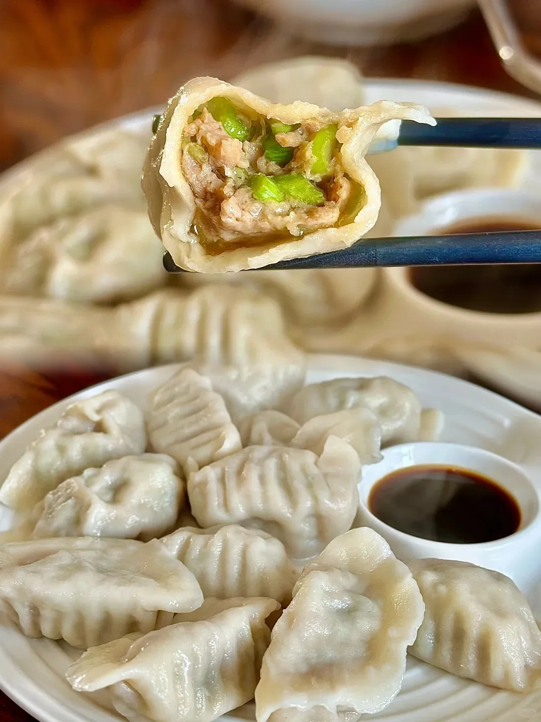 Freshly boiled pork and celery dumplings