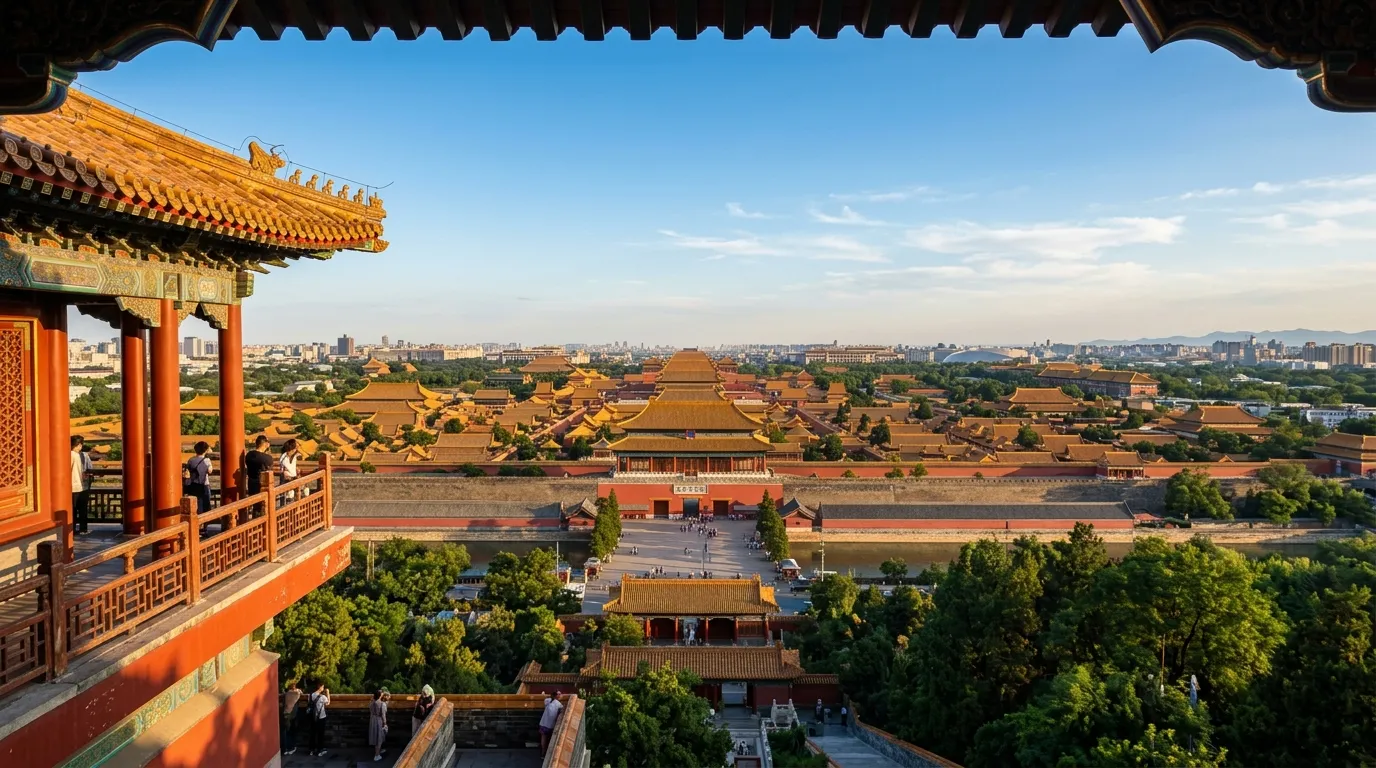 The view south from Wanchun Pavilion (万春亭) in Jingshan Park over the Forbidden City rooftops, Beijing