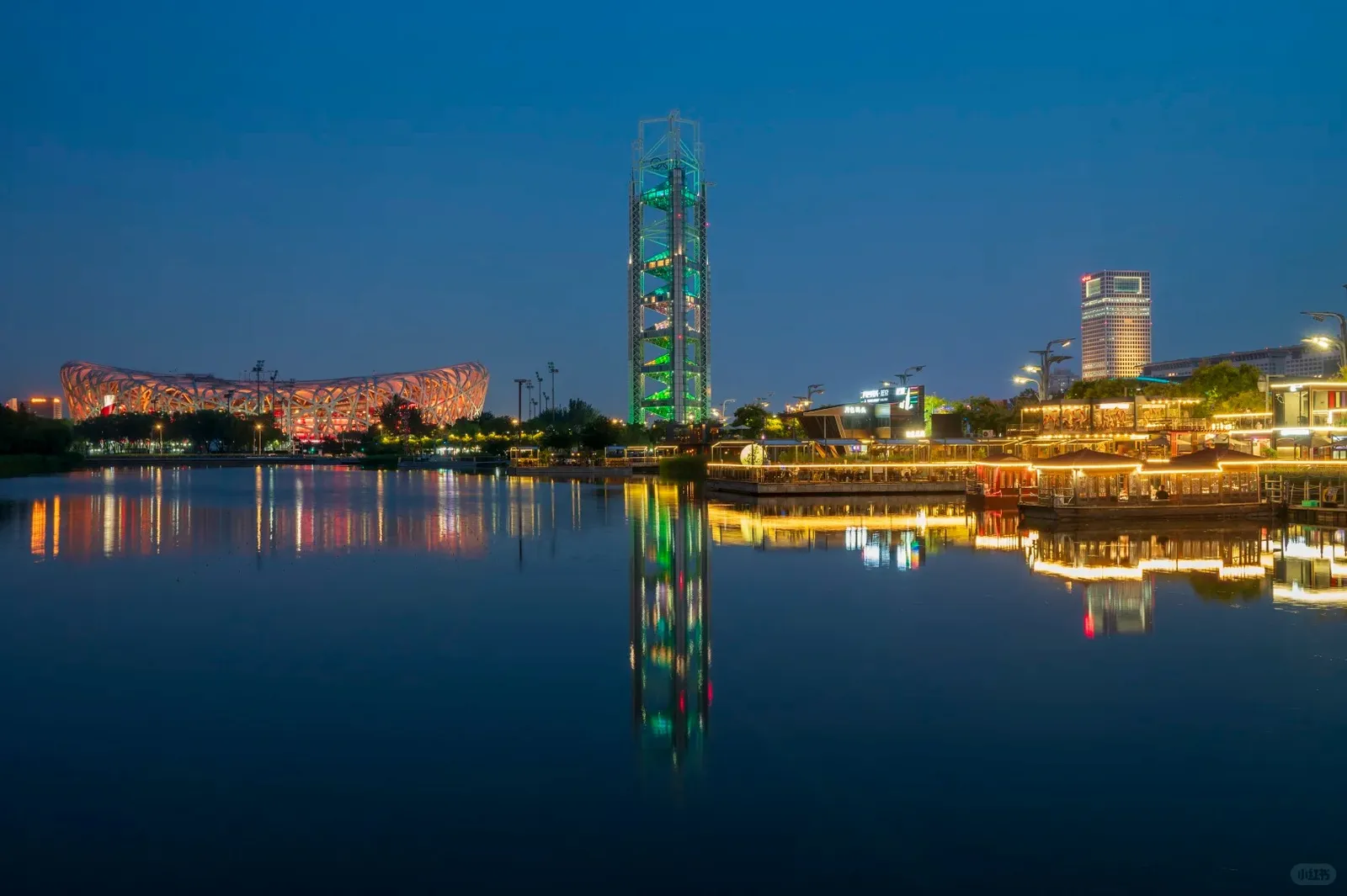 Bird's Nest and Olympic Park lake in Beijing