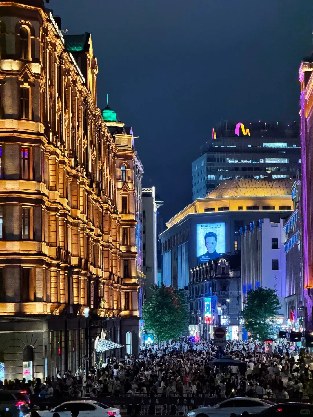 Pedestrian street with historic department stores and neon signs