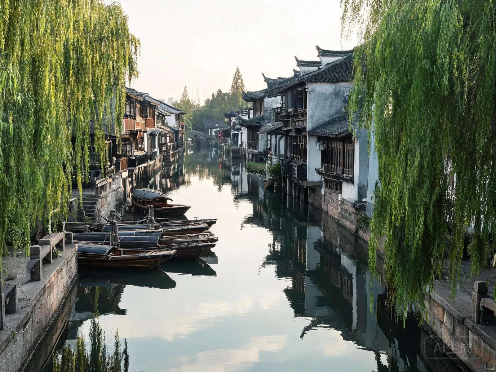 Canal, stone bridge and traditional buildings in Zhujiajiao
