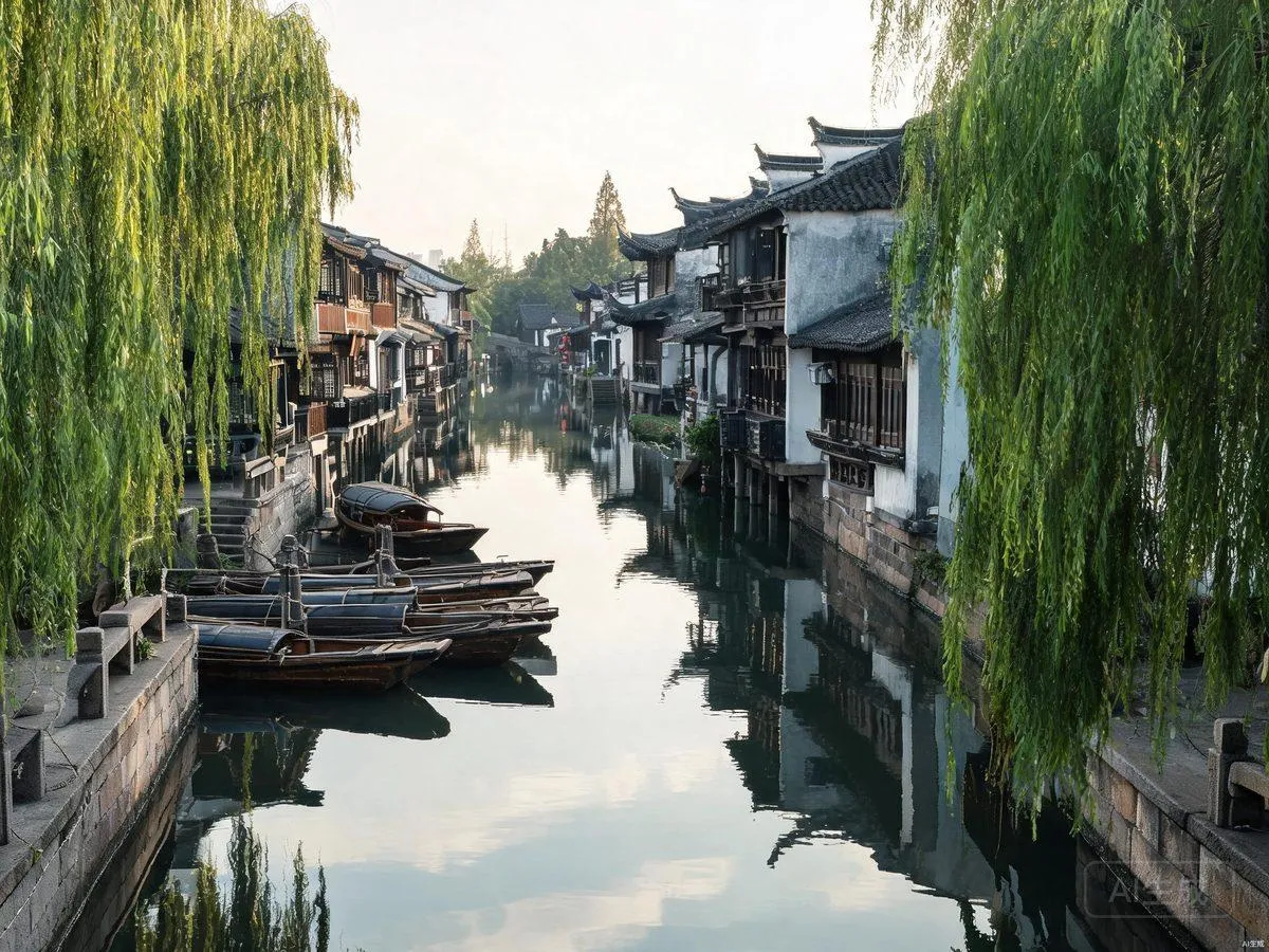 Canal, stone bridge and traditional buildings in Zhujiajiao