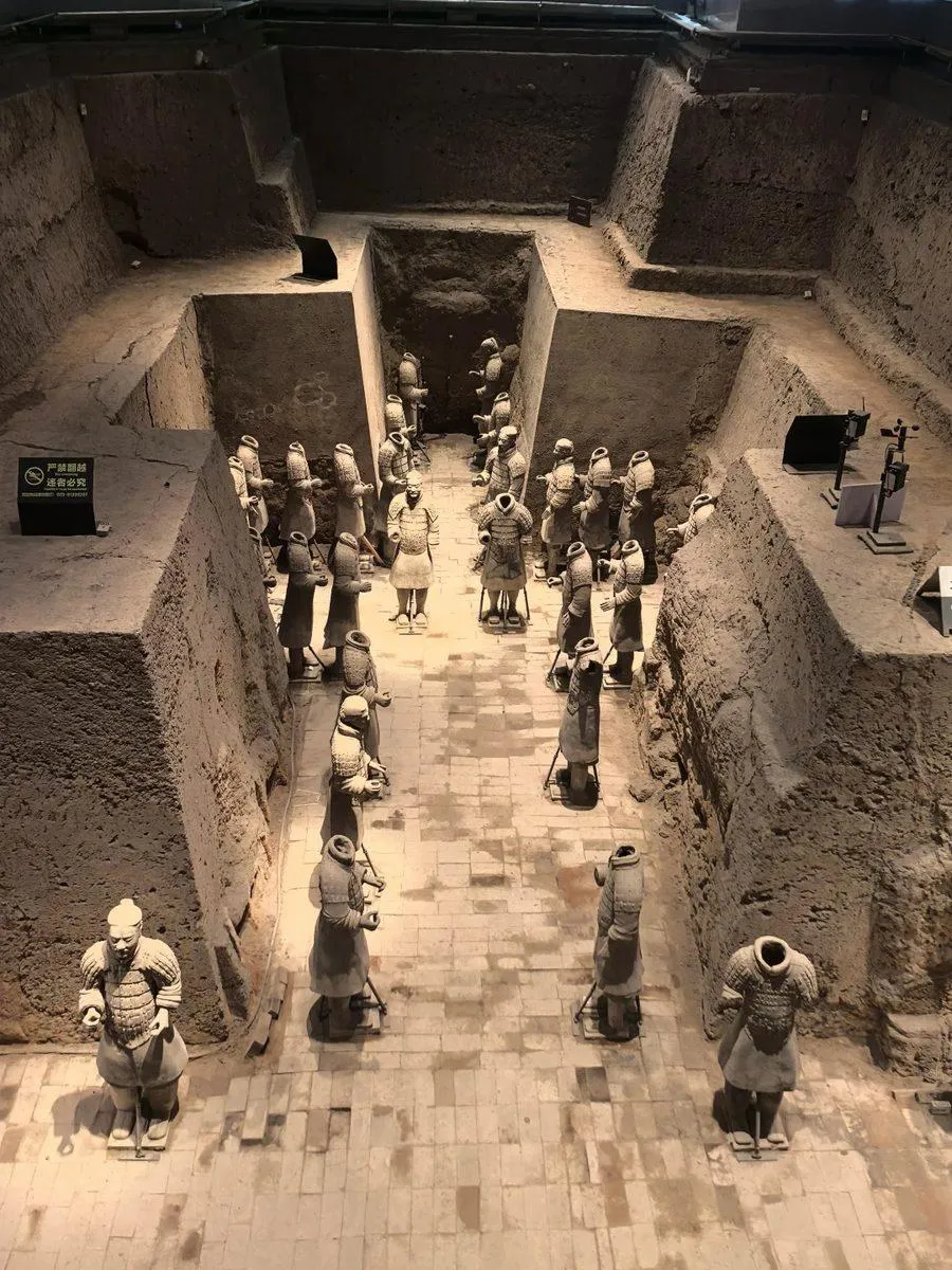 Terracotta warriors inside the main excavation hall near Xi'an