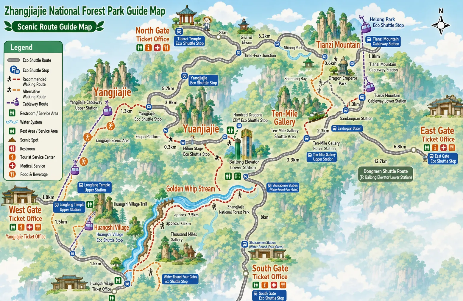 Forested sandstone mountains and valley paths in Zhangjiajie
